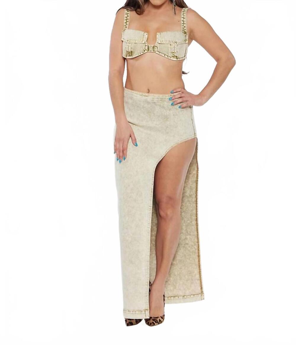 NEW CIRCULAR PATH pocket denim bikini top in sand